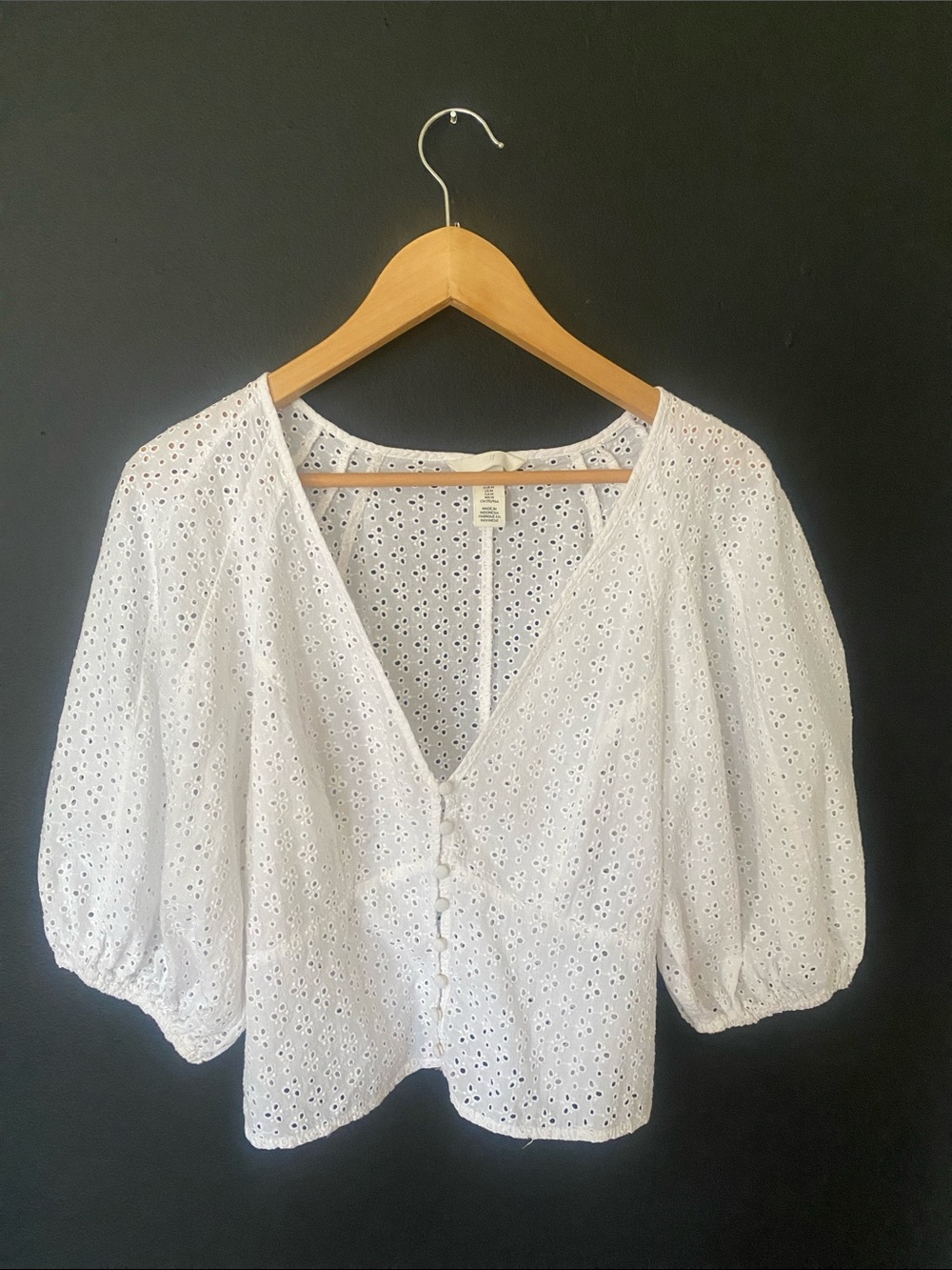 H&M White BOHO Eyelet Puff Sleeve Romantic Top
